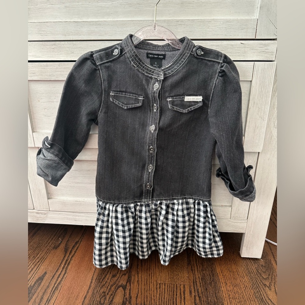Calvin Klein Jeans Girls Black Denim Dress with Checkered Skirt Size 5